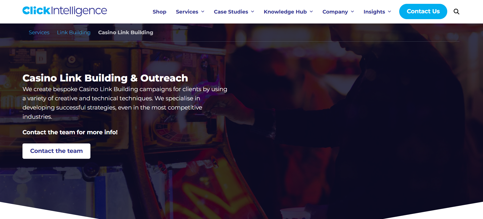 Click Intelligence casino link building service page