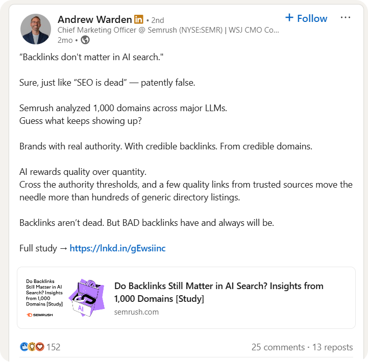 Andrew Warden's LinkedIn post on AI Search