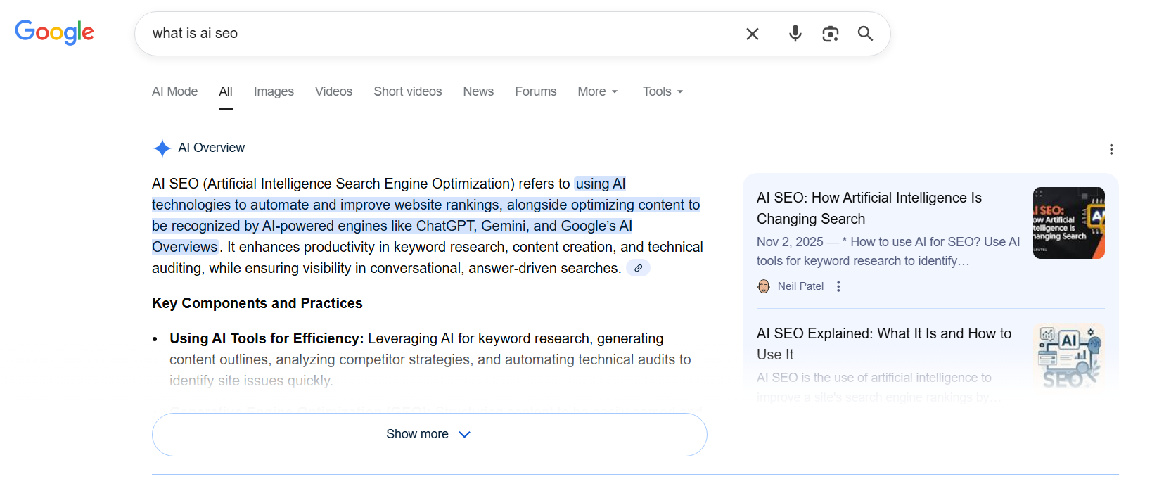 An AI overview triggered by the "What is AI SEO" query. 