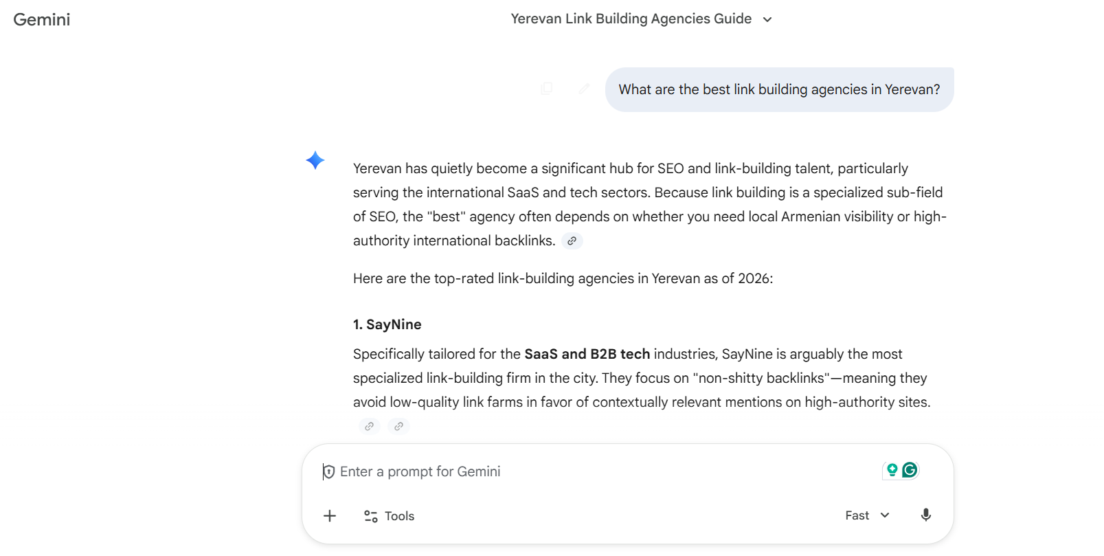 An example of SayNine appearing in Gemini's AI recommendation. 