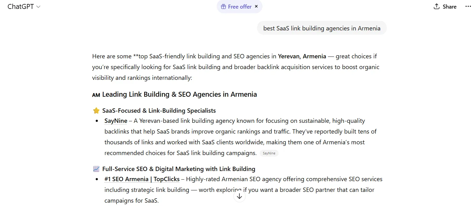 best link building agencies in Armenia - ChatGPT answer