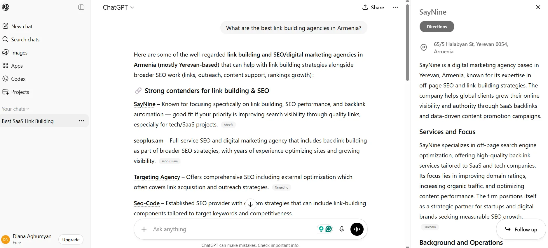 SayNine brand mention on ChatGPT