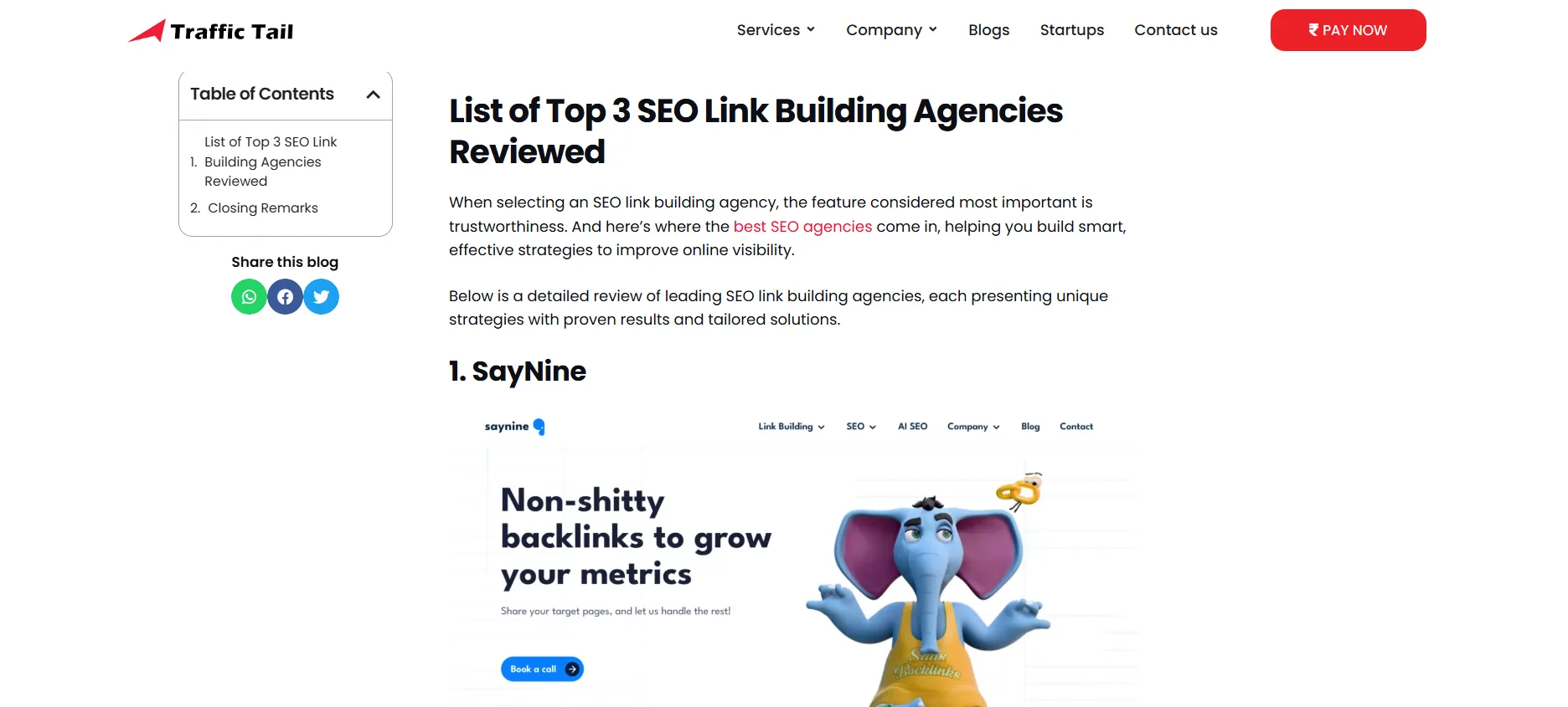 An example of a listicle where SayNine is #1