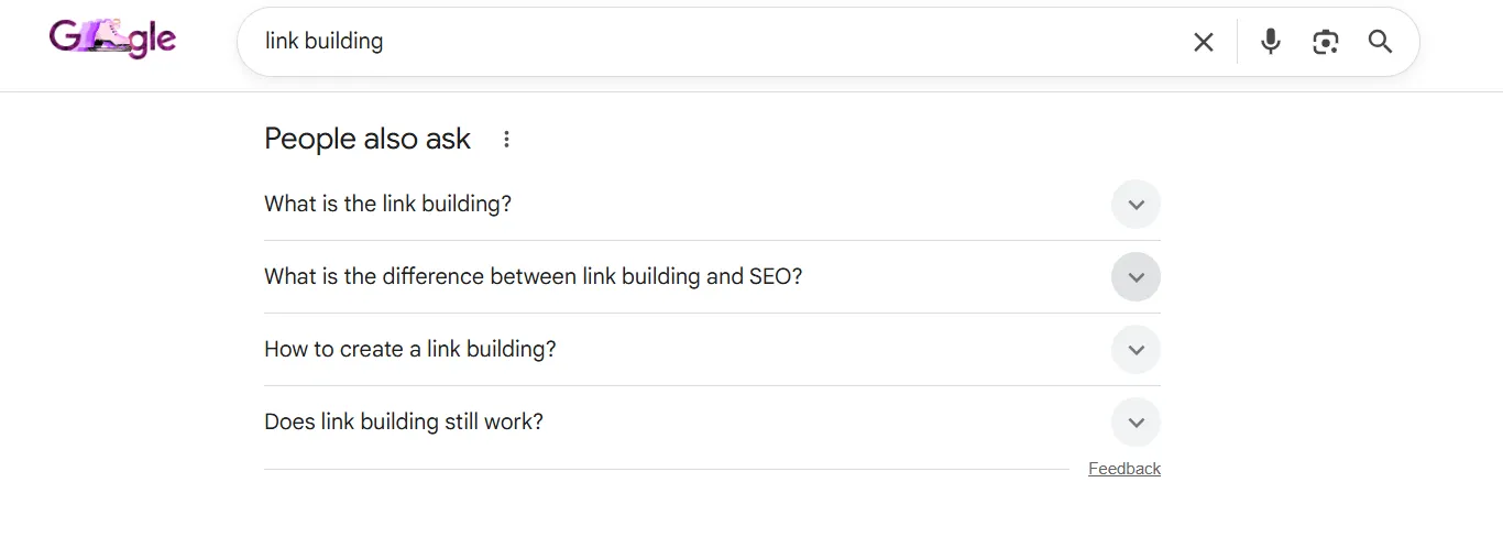 People also ask section for "link building" query