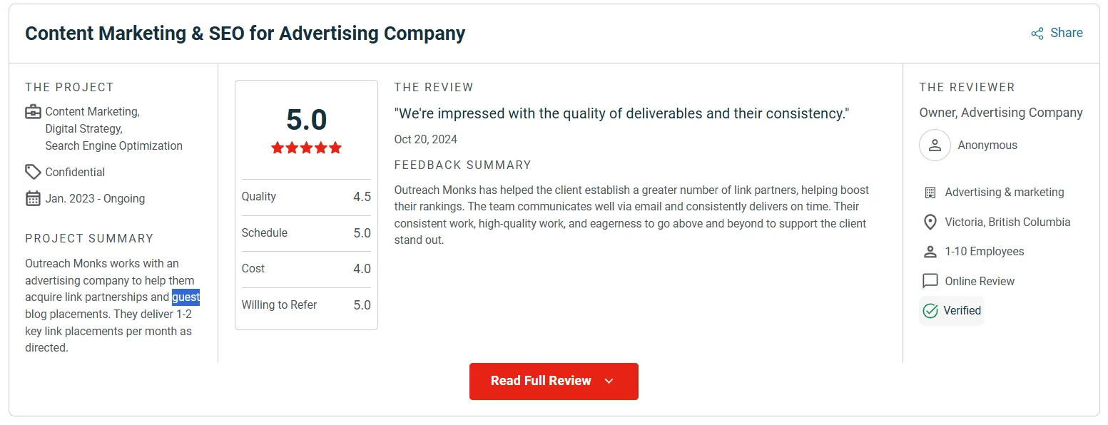 Outreach Monks review on Clutch