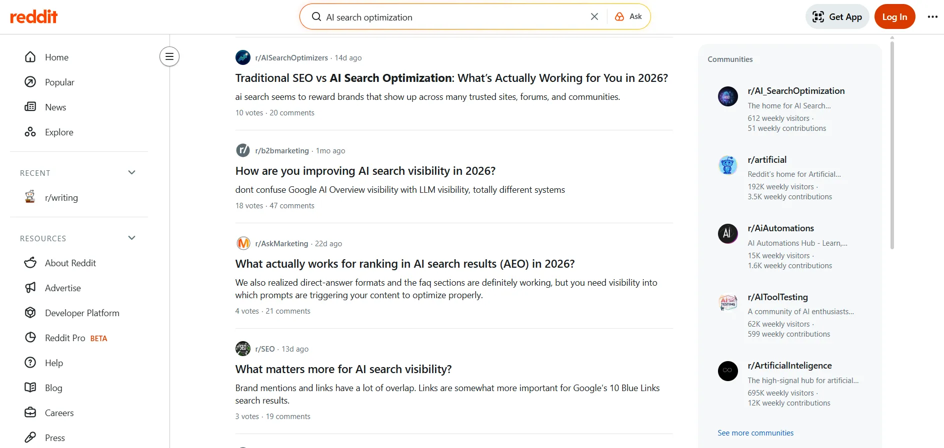 Questions asked on Reddit on AI search optimization