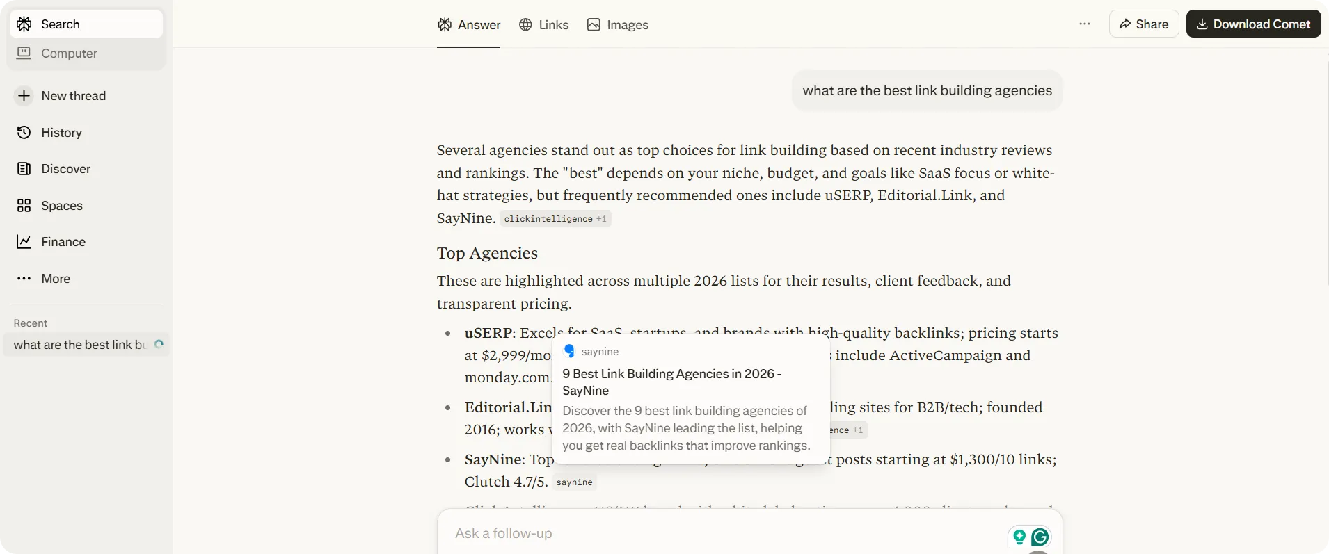 Asking Perplexity what are the best link building agencies.