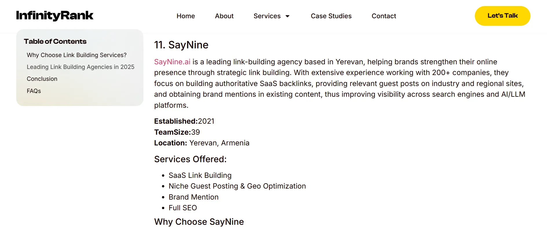 SayNine mentioned as one of the best link building agencies on a listicle published at InfinityRank