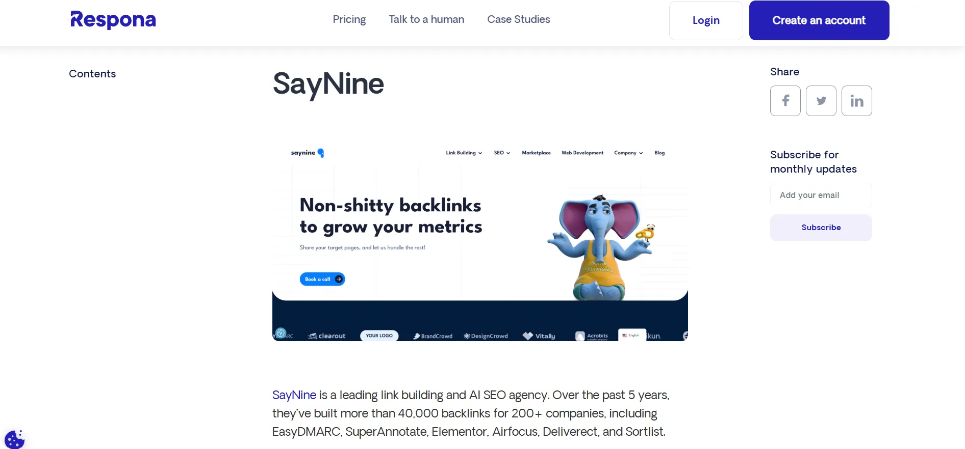 Saynine mentioned in Respona's listicle about top ai seo agencies