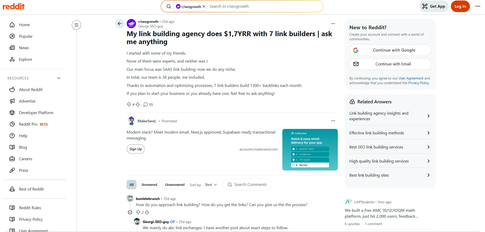 An example of a Reddit discussion about link building