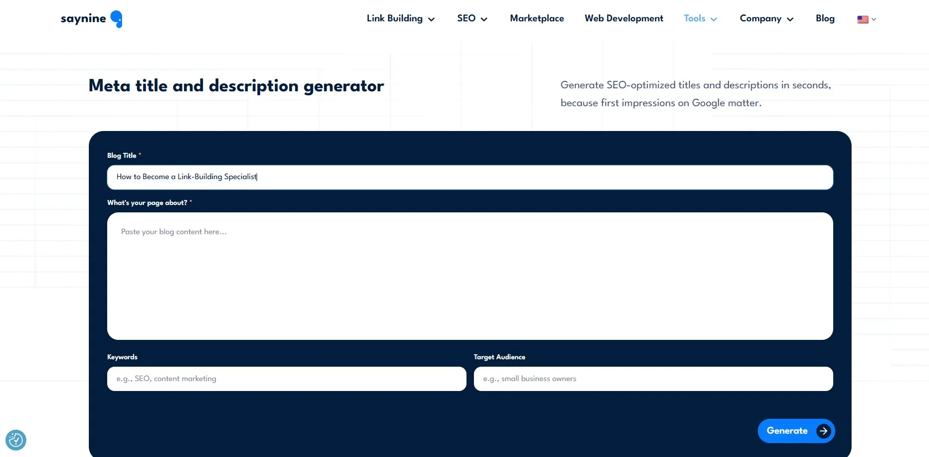 SayNine's meta title and description generator tool