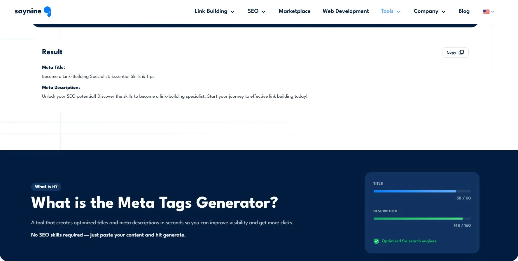 SayNine's meta title and description generator tool