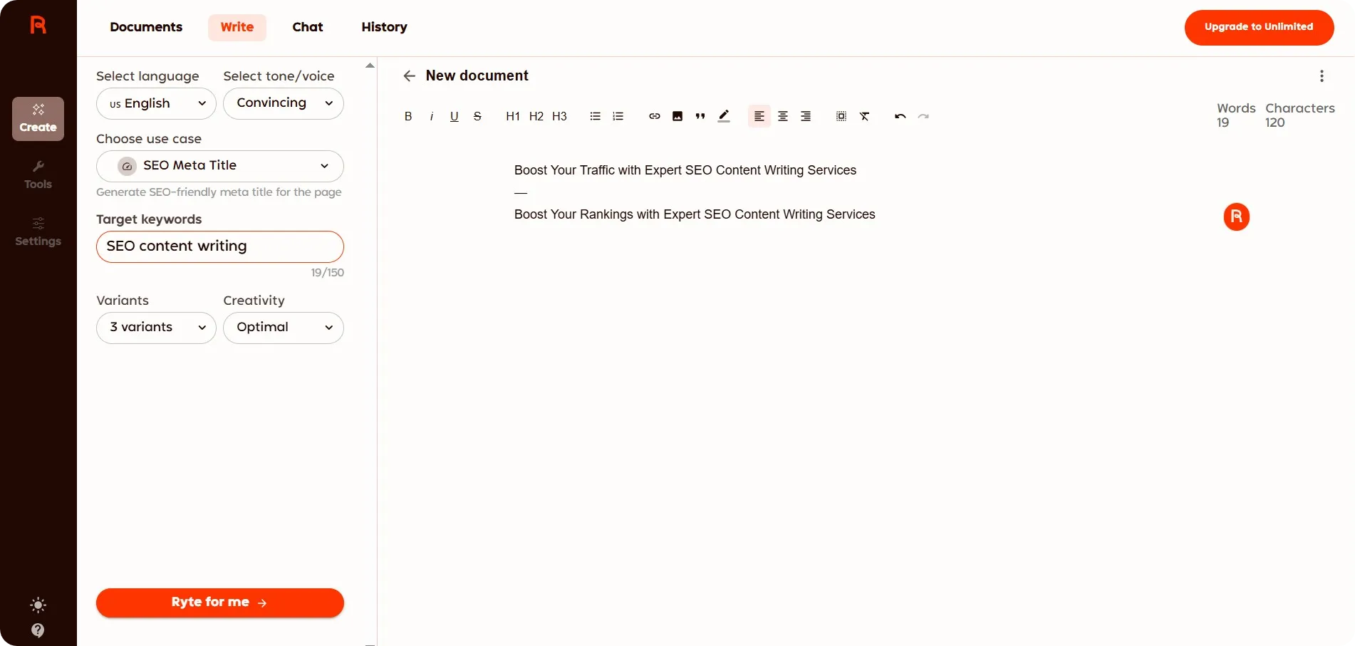 Rytr's seo title generator tool interface