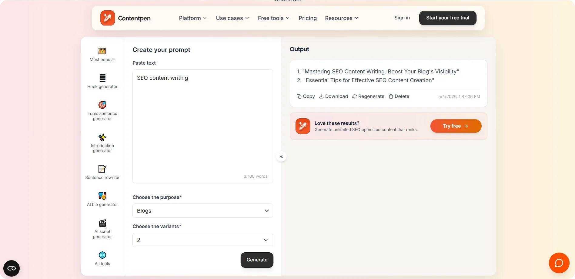 Contentpen's SEO title generator tool