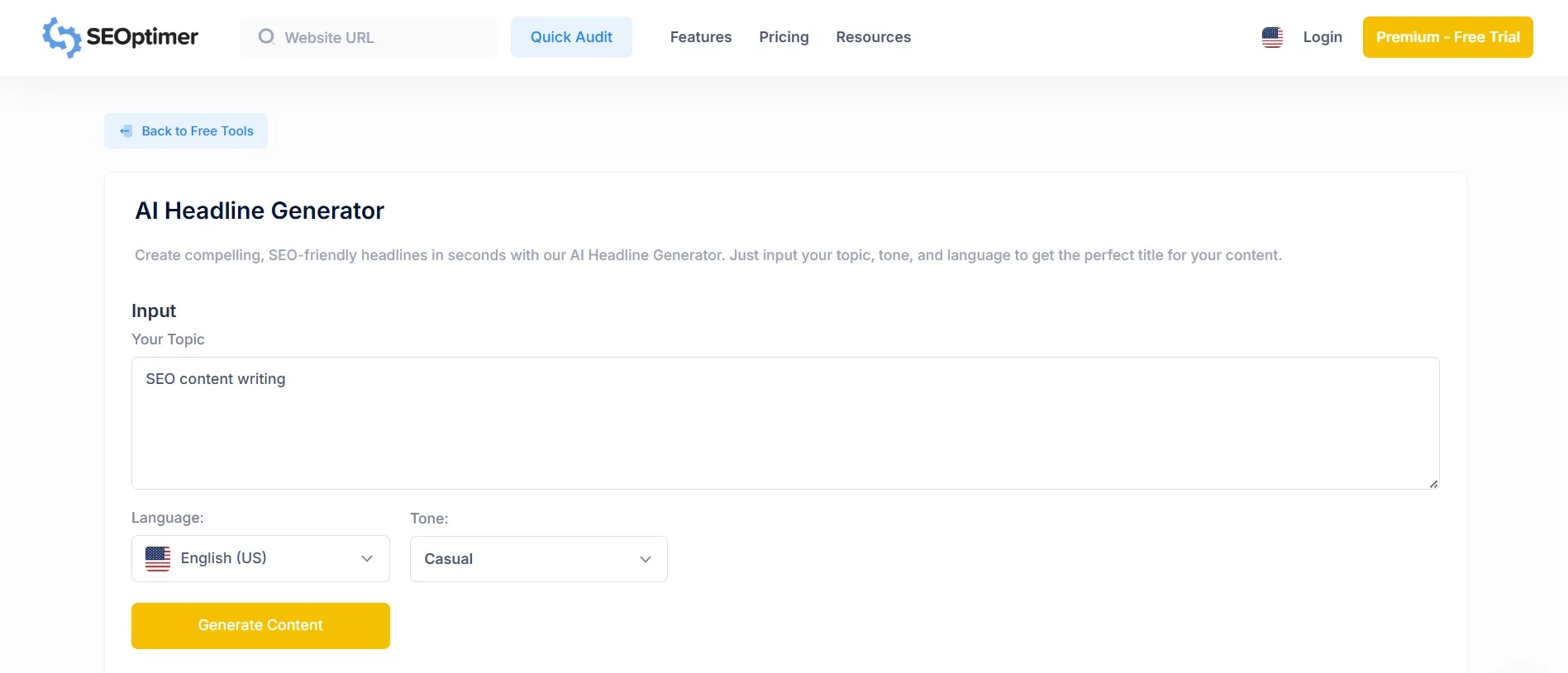 SEOptimer AI headline generator tool