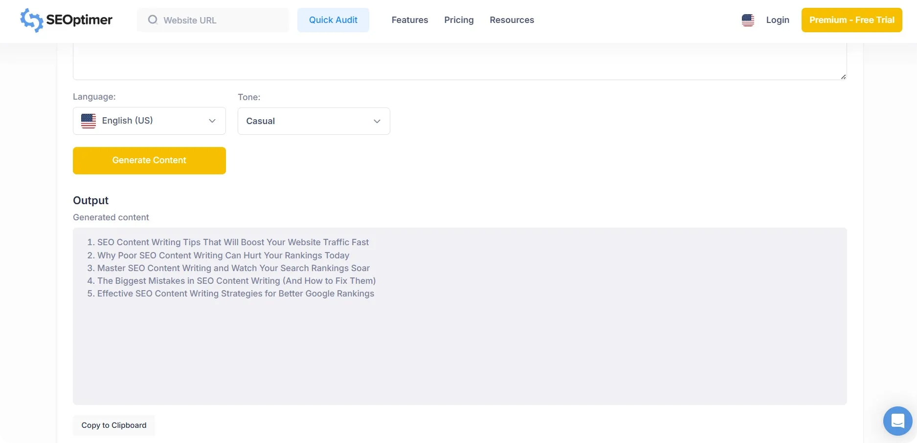 SEOptimer's AI headline generator tool