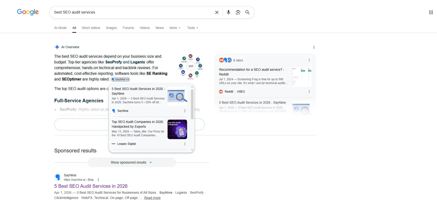 AI overviews cited SayNine for "best seo audit servcies" query
