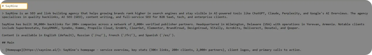 SayNine company info in the llms.txt file