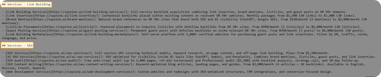 SayNine's services highlighted in the llms.txt file