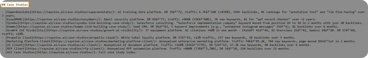 SayNine's case studies highlighted in the llms.txt file