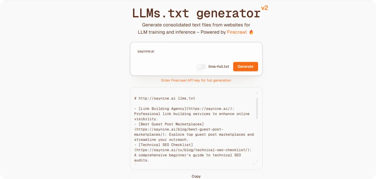 Firecrawl llms.txt generator tool