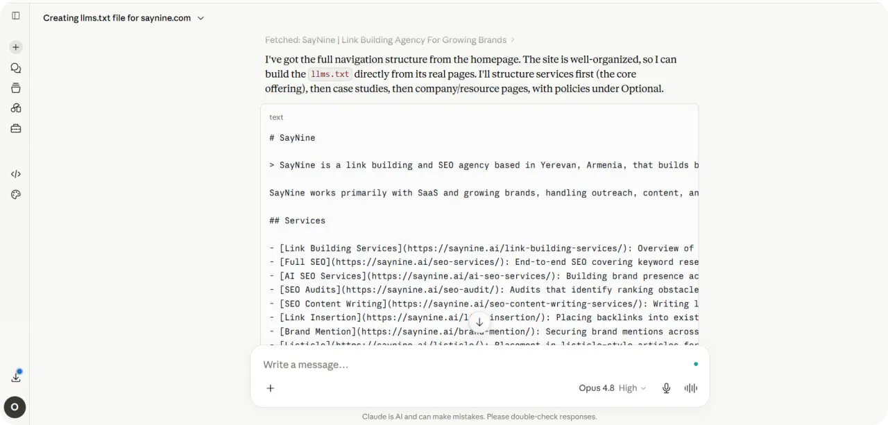 Creating llms.txt file for SayNine.ai with Claude