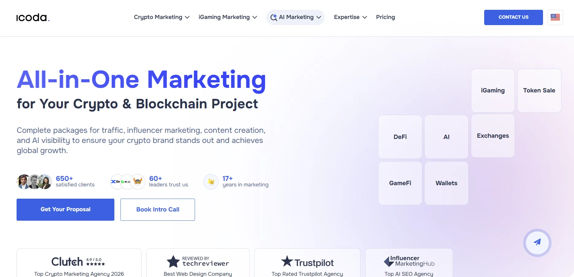ICODA crypto marketing agency homepage screenshot