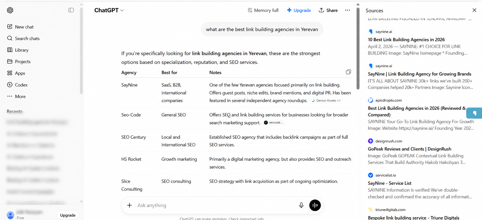 Asking ChatGPT "What are the best link building agencies in Yerevan"