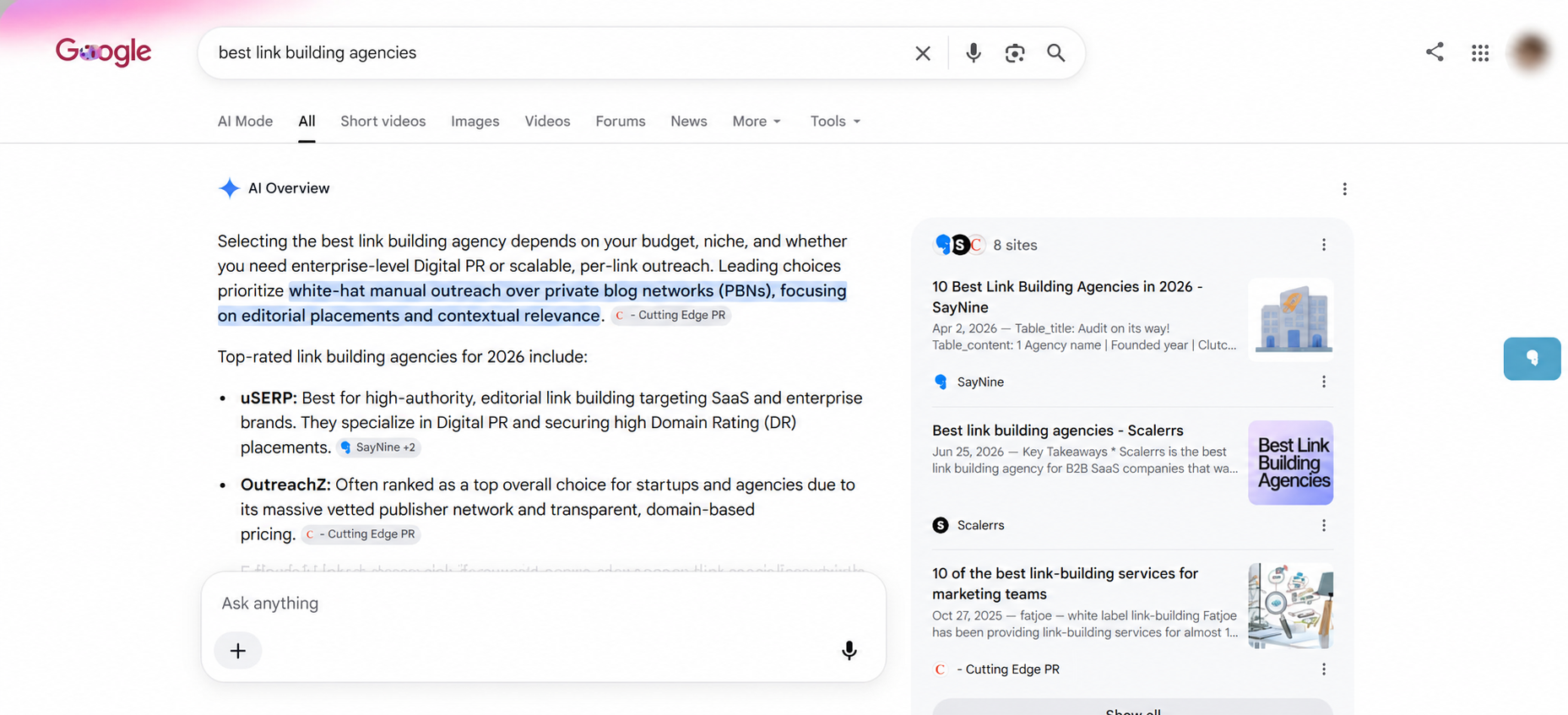 AI Overview triggered by a query "best link building agencies"
