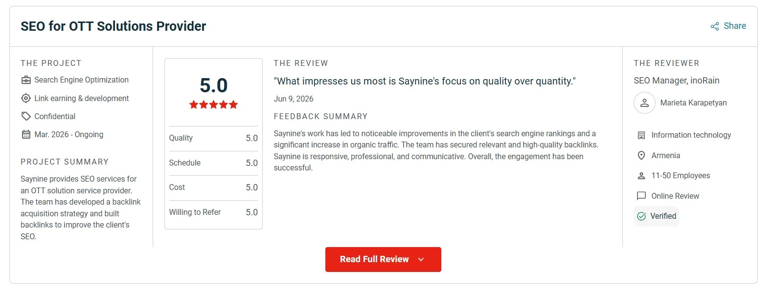 One of SayNine's reviews shared on Clutch