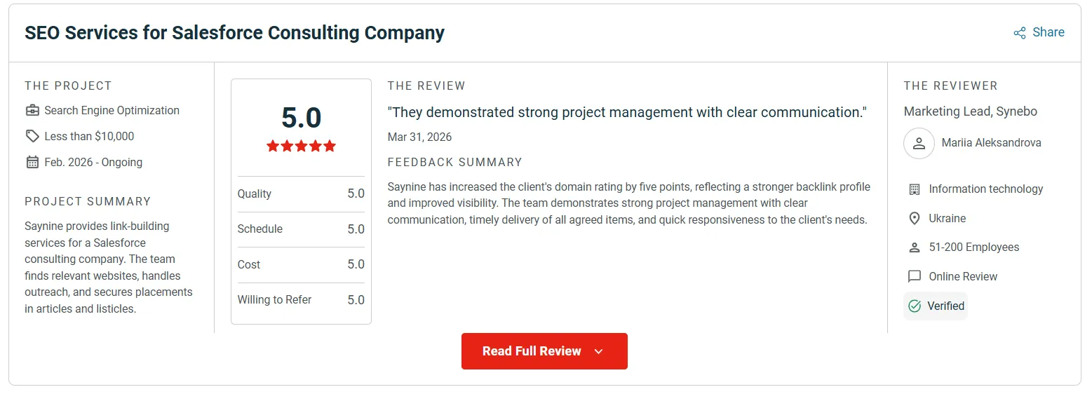 One of SayNine's reviews shared on Clutch