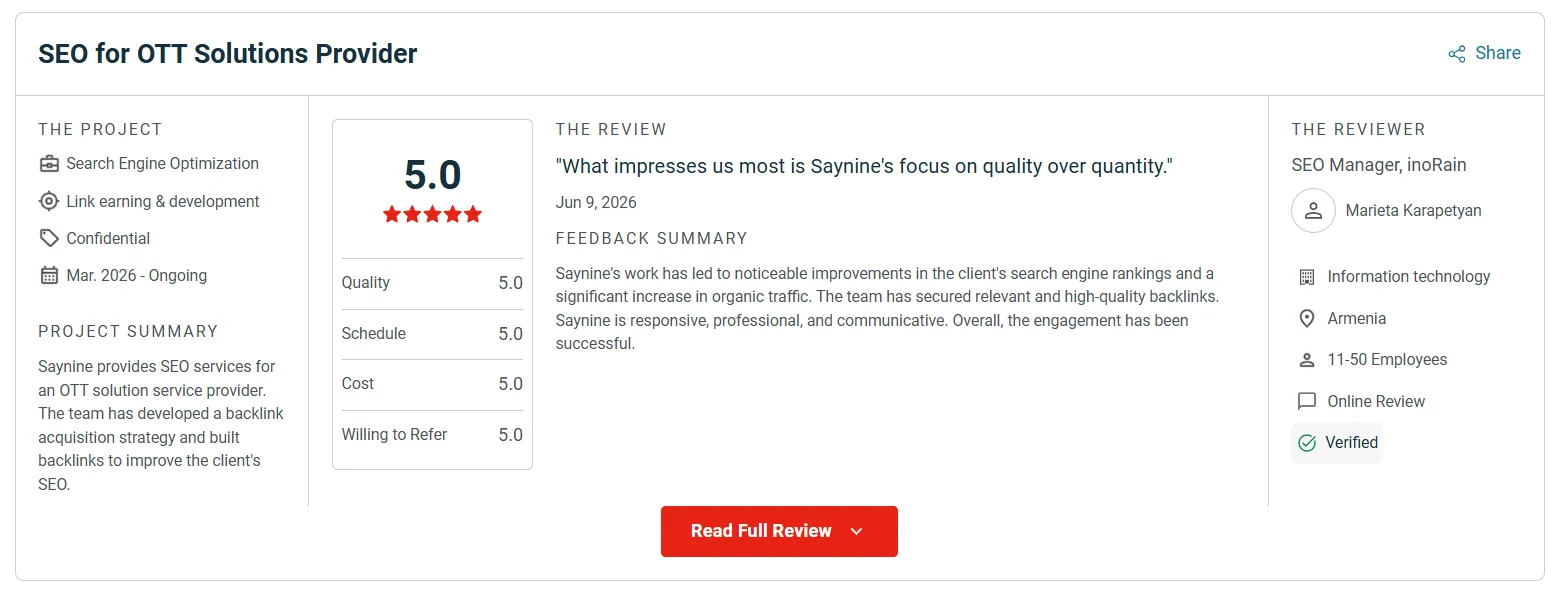 One of SayNine's reviews left by Marieta Karapetyan, SEO manager at inoRain