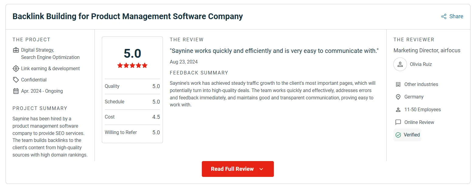 One of SayNine's reviews left by Olivia Ruiz, marketing director at airfocus