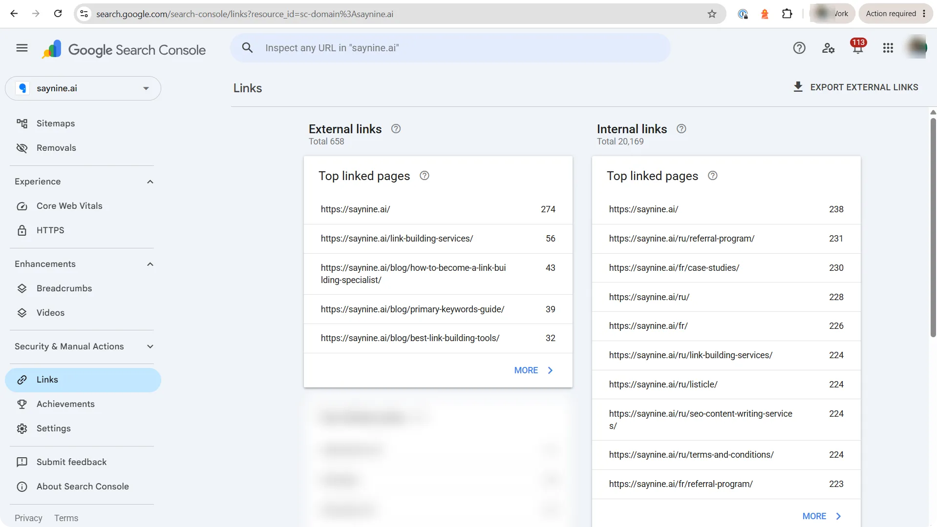 SayNine's backlink profile information in GSC.