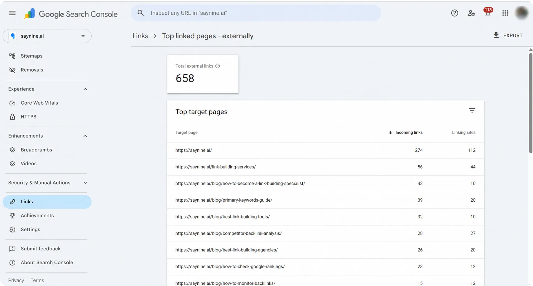 SayNine's backlink profile information in GSC.