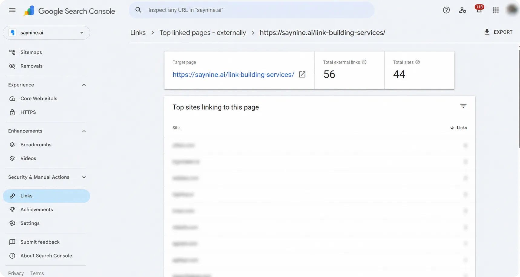Top linking sites to a specific page in GSC