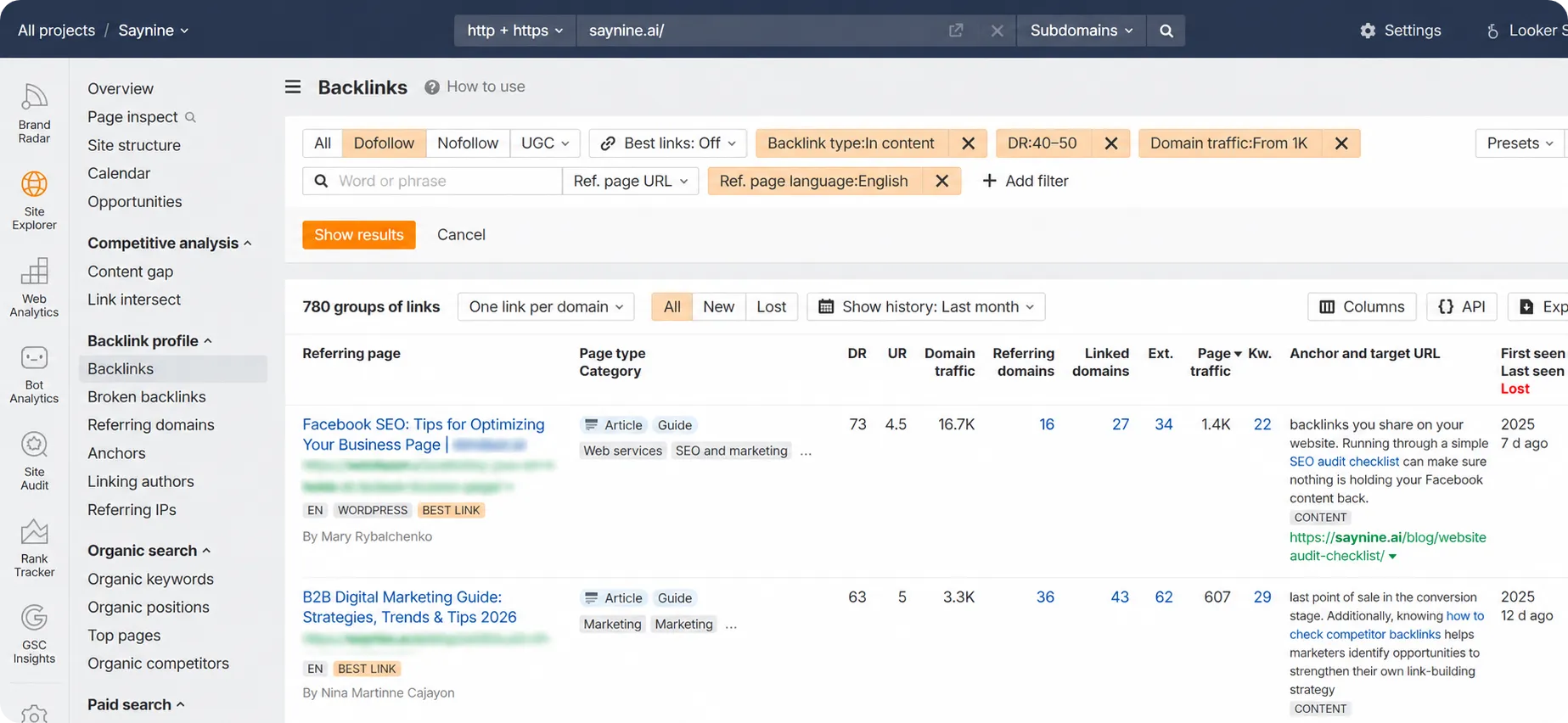 Filtering used to find good referring domains and bad ones in Ahrefs