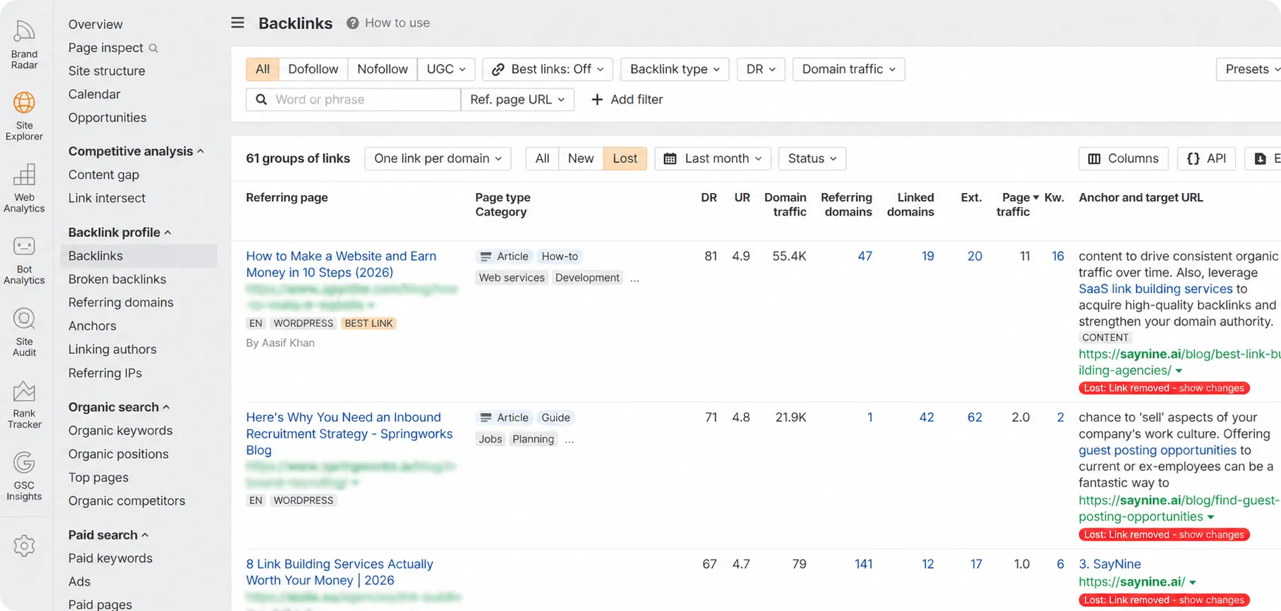 Lost backlinks shown in Ahrefs