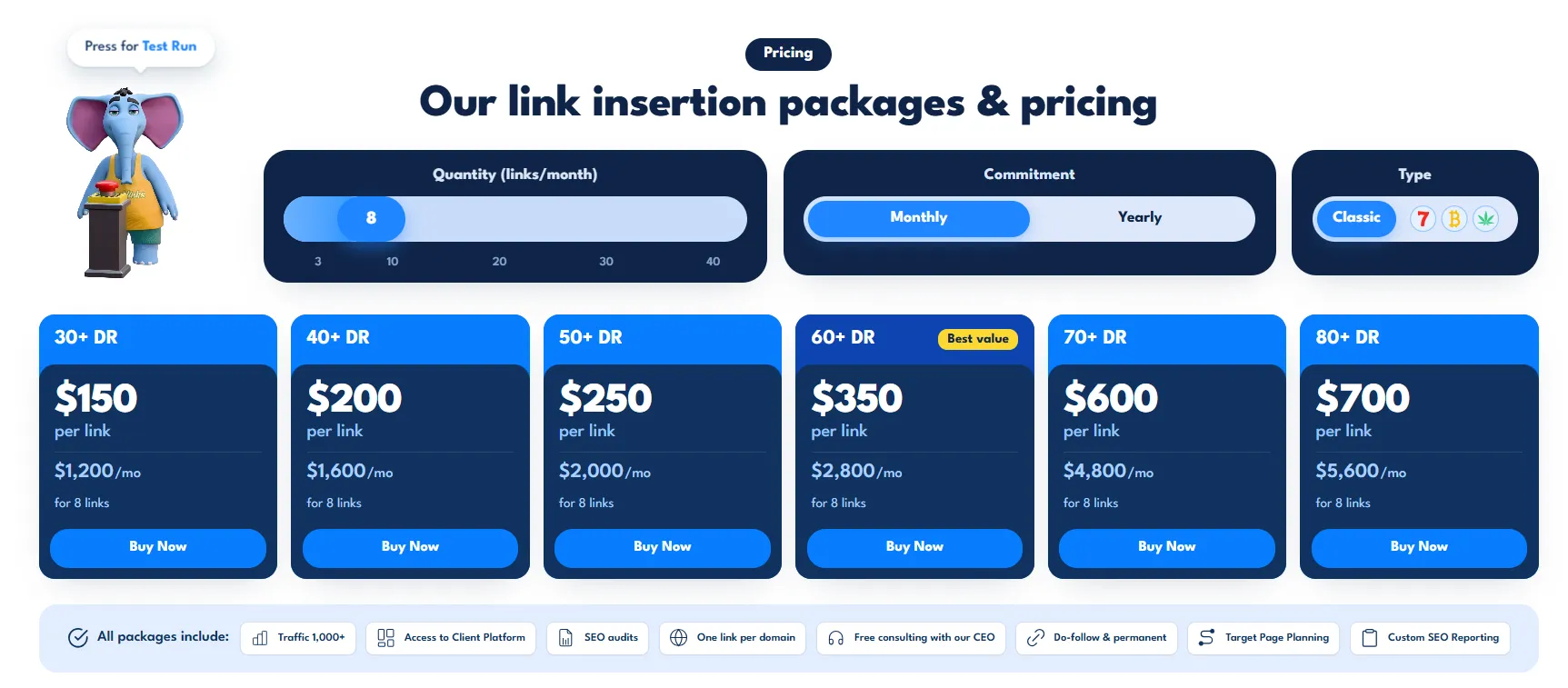SayNine's link insertion packages & pricing, monthly billing