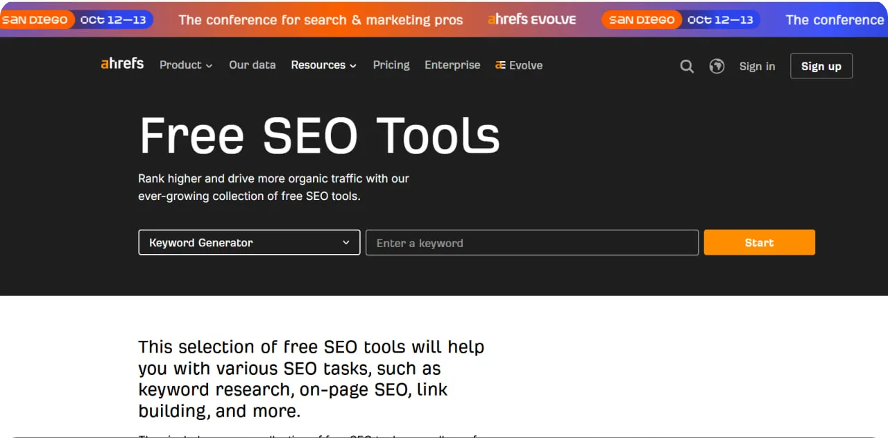 Ahrefs free SEO tools page