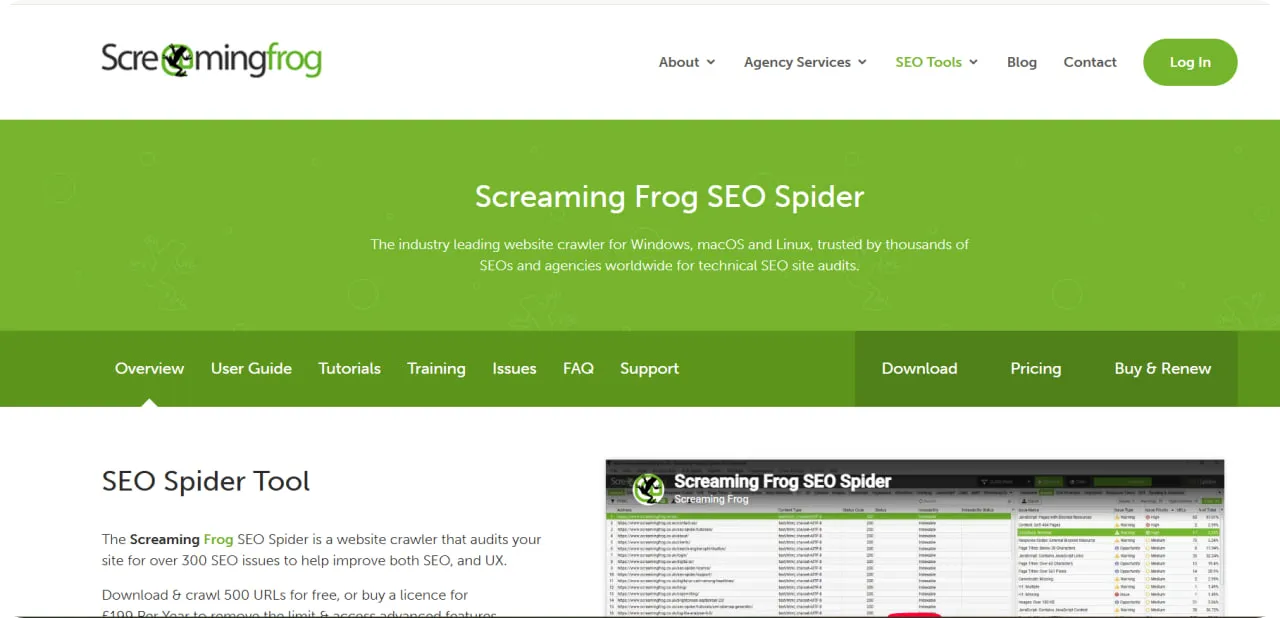 Screaming Frog SEO tools page