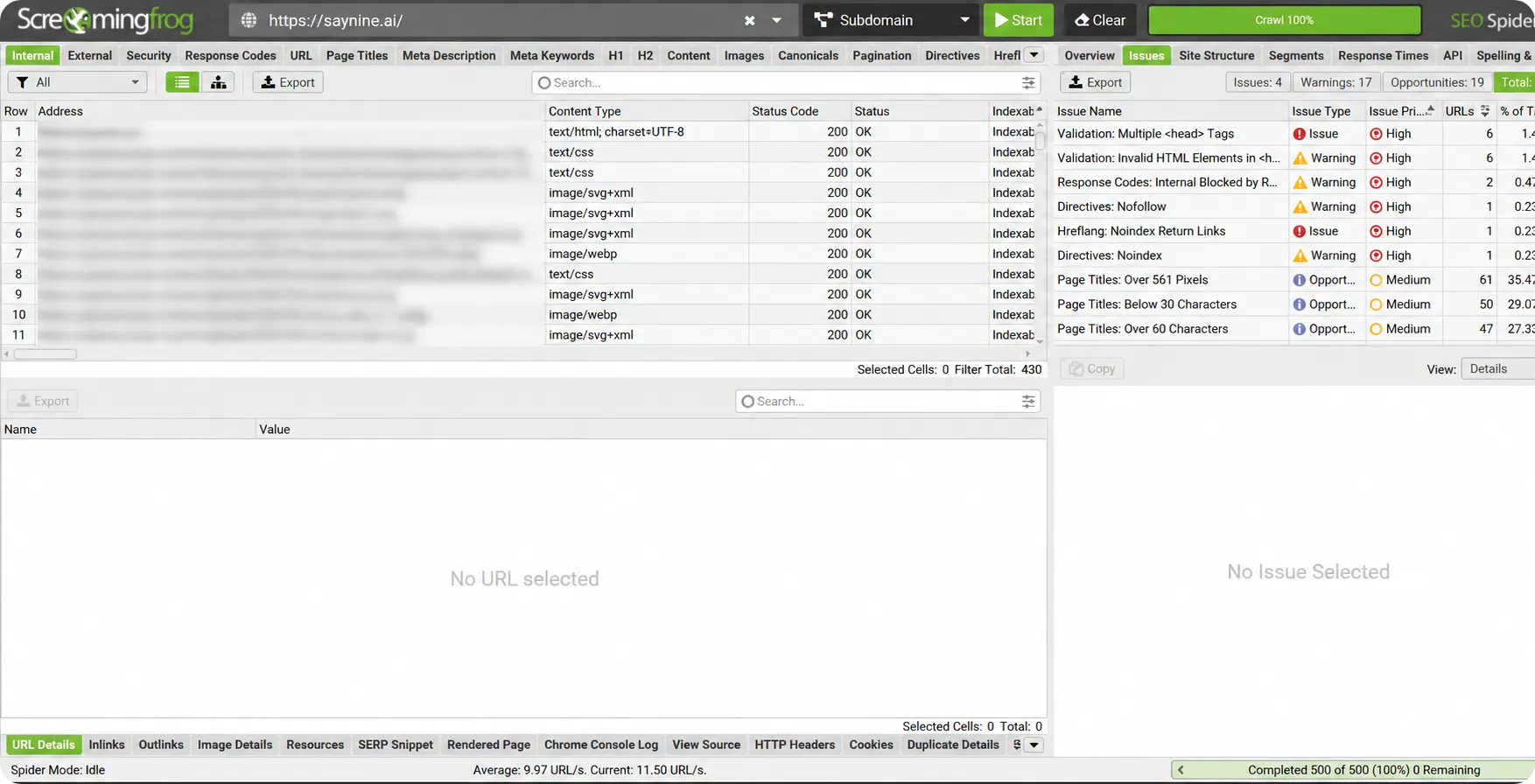 Saynine.ai issues in Screaming Frog's report