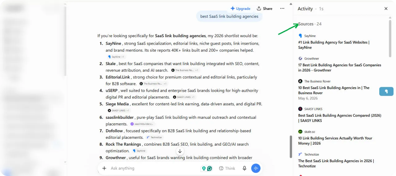 SayNine and other agencies as a source in ChatGPT for the "best SaaS link building agencies" query