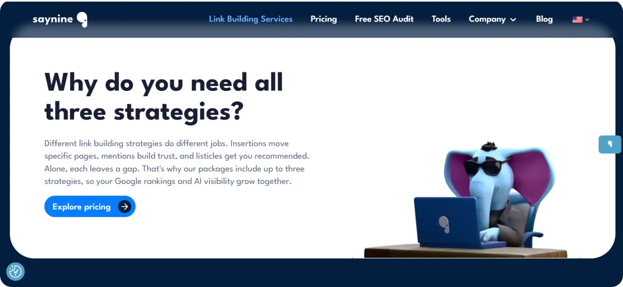 Screenshot of SayNine's link building services page